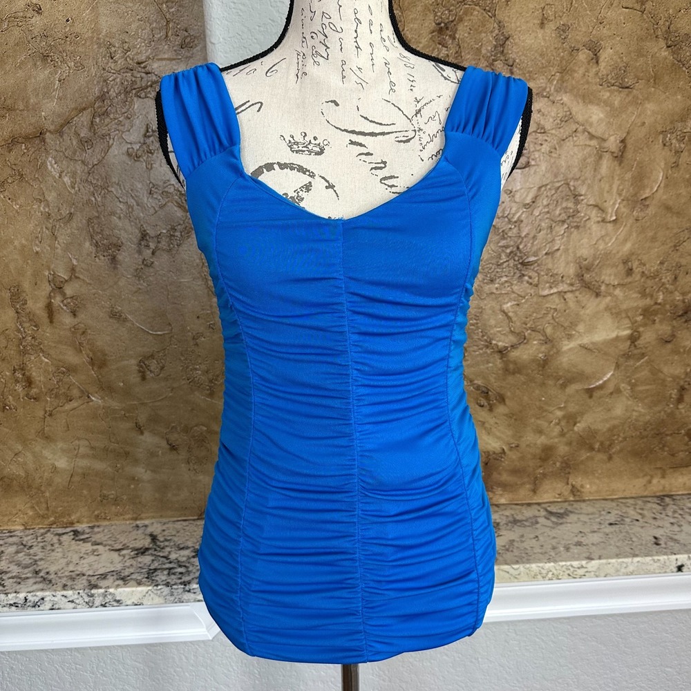 NWT Zara Ruched Blouse Top Women Medium Sweetheart Neck Sleeveless Chic Blue